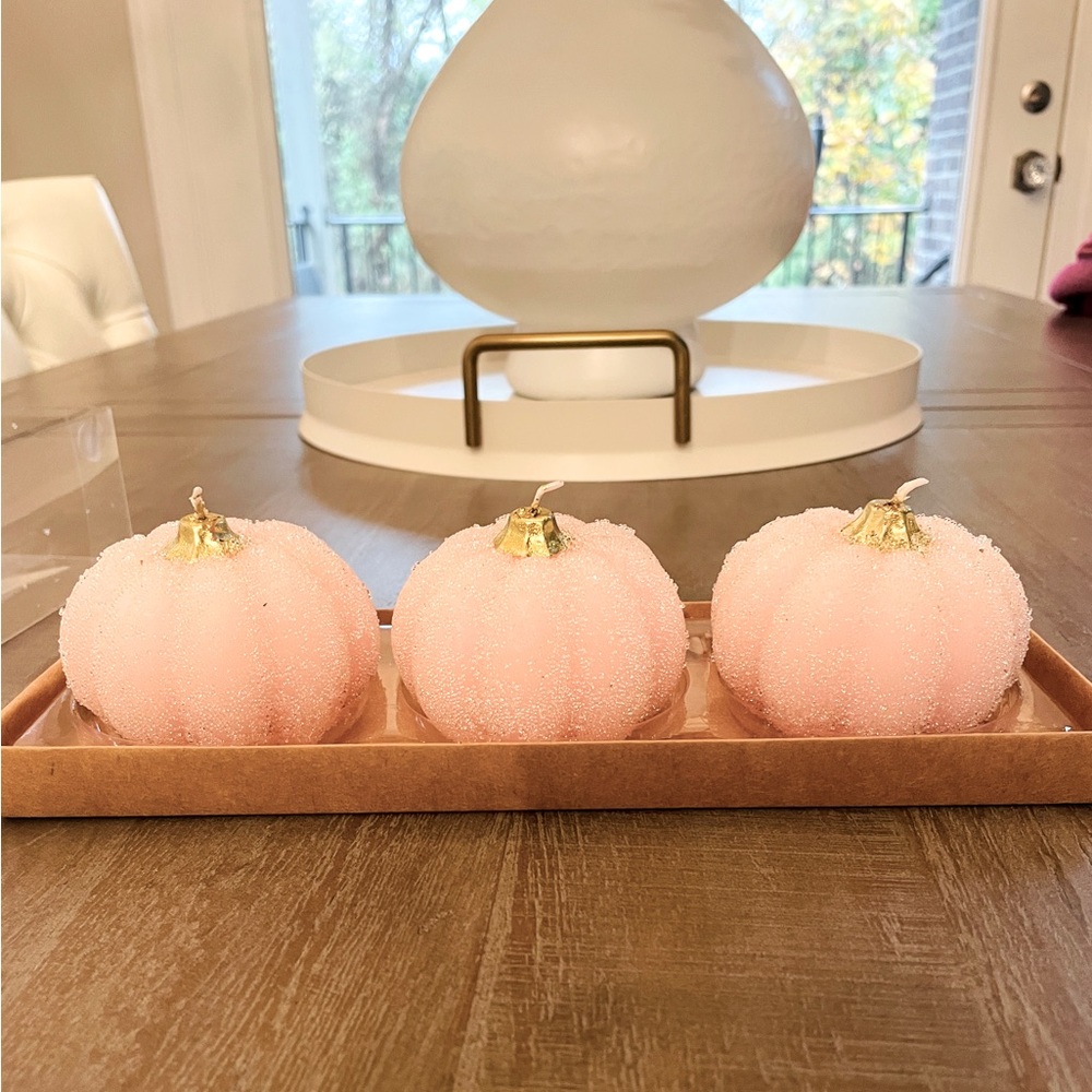 3 Pack Pink and Gold Shabby Chic Style Pumpkin Holiday Candles Decor